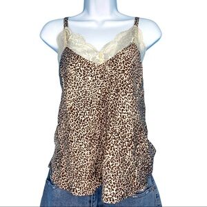 Olivaceous Pajama Cami Small V-Neck Lace Trim Satin Animal Print Cream Brown New